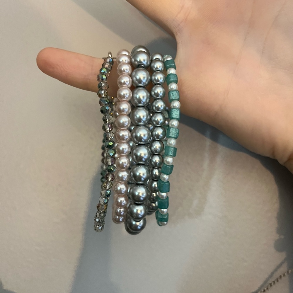 Handmade Silver and Teal Beaded Bracelet Set